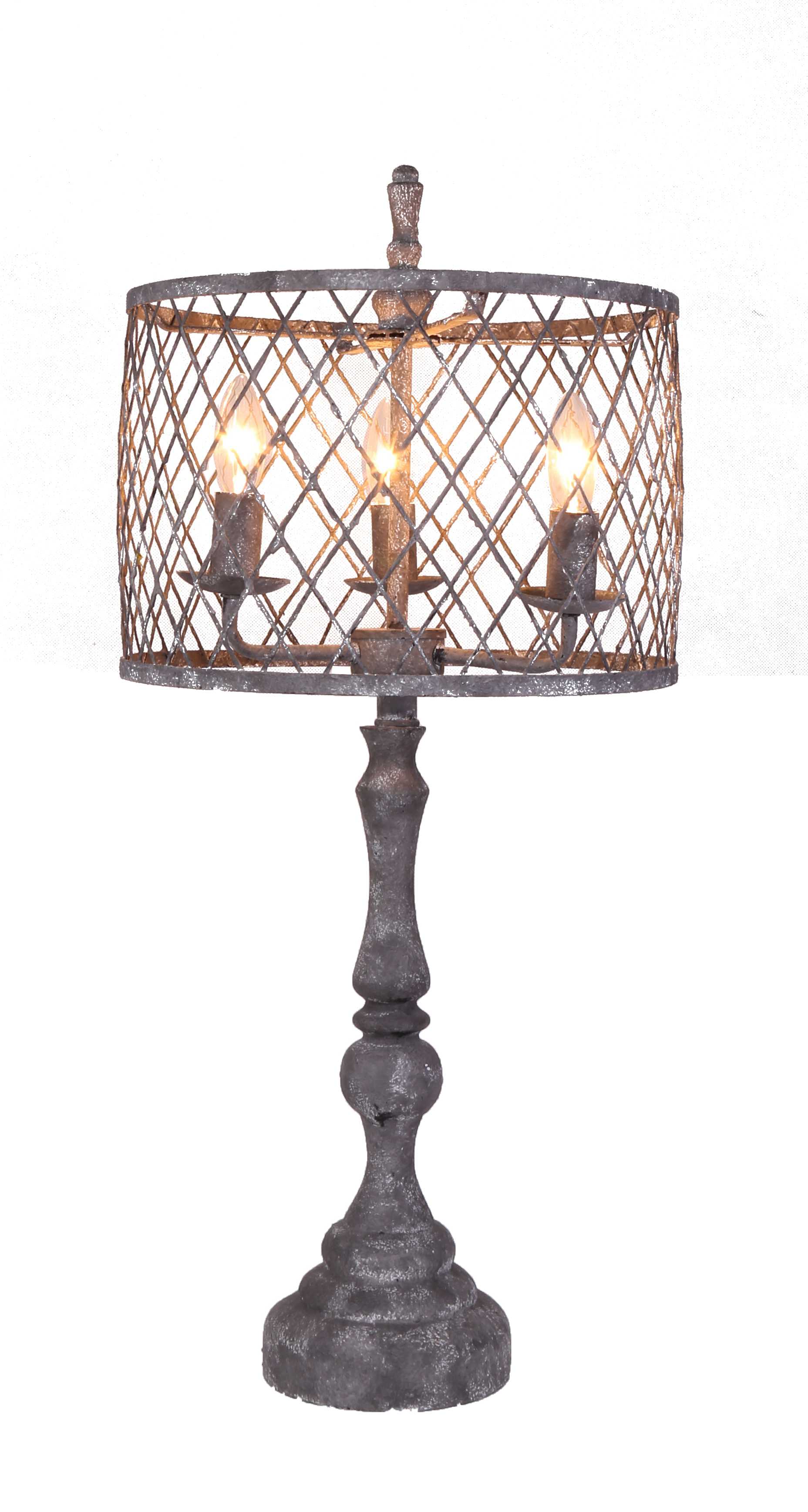 Distressed Grey Traditional Table Lamp with Mesh Metal Shade and Chandelier Sockets
