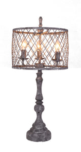 Distressed Grey Traditional Table Lamp with Mesh Metal Shade and Chandelier Sockets