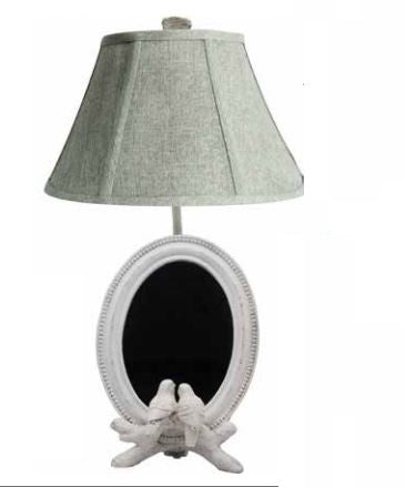 White Circular Birds Reflection Table Lamp with Gray Fabric Shade