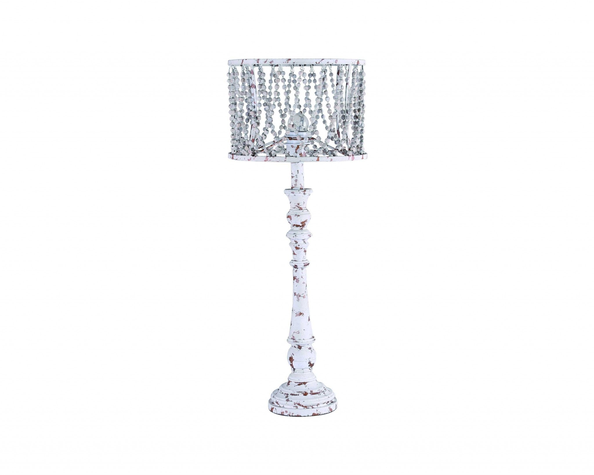 Distressed Ivory Wood Finish Table Lamp with Beaded Shade