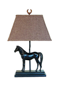 Black Majestic Horse Table lamp with Herringbone Pattern Shade