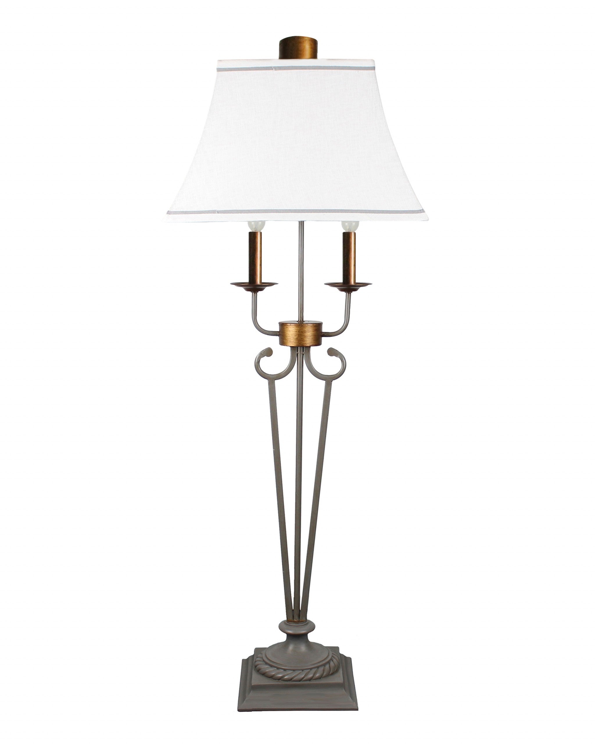 Black Metal 2 Light Double Arm Table Lamp with White Linen Shade