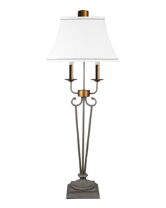Black Metal 2 Light Double Arm Table Lamp with White Linen Shade