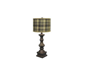 Distressed Brown Table Lamp with Plaid Print Shade