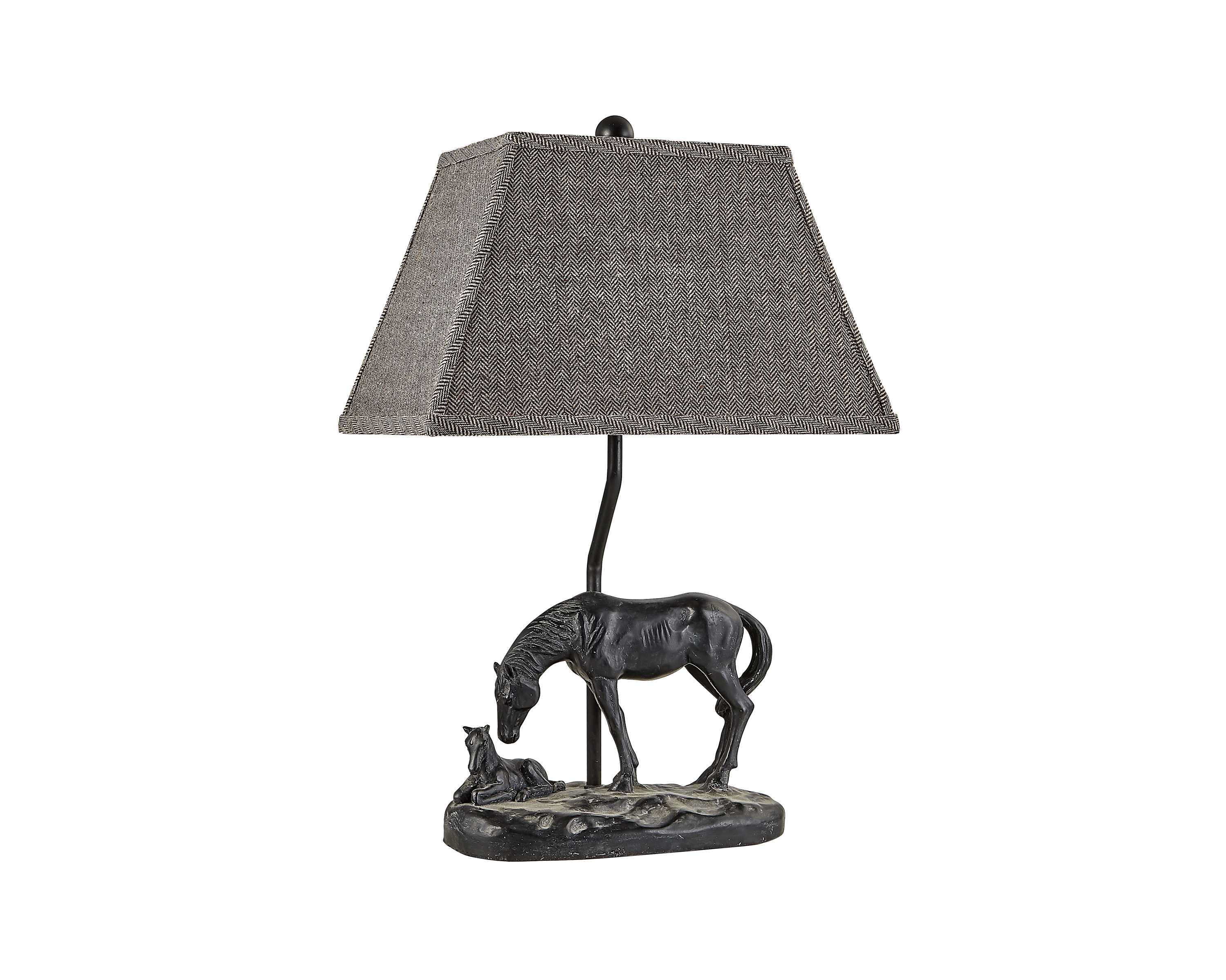 Black Mare and Foal Table lamp with Herringbone Pattern Shade