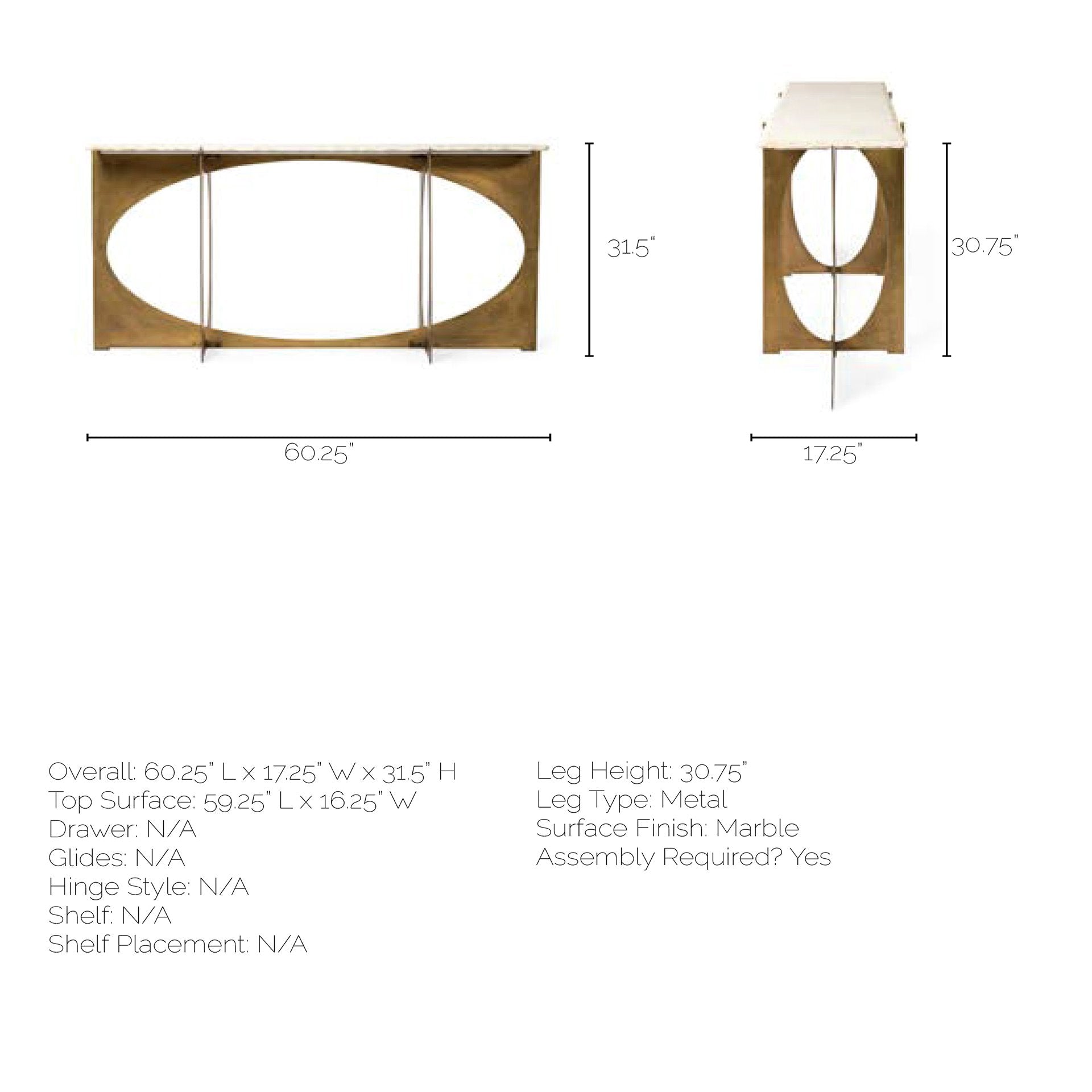Rectangular White Marble Console Table With Gold Metal Base