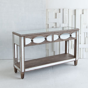 Brown Mirrored Glass Console Table With Two Drawers And Fixed Shelf