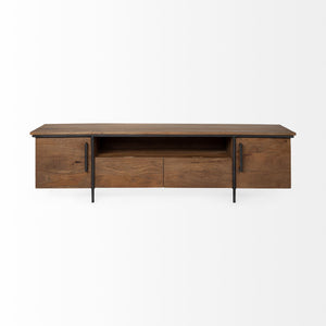 Medium Brown Solid Mango Wood Finish TV Stand Media Console With 4 Cabinets And Single Open Shelf