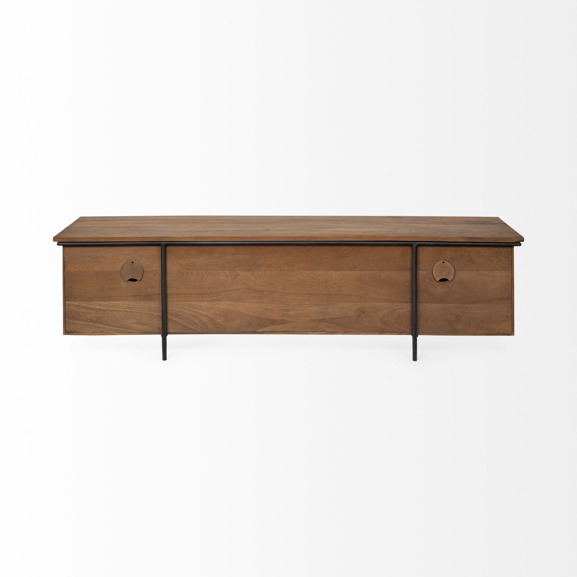 Medium Brown Solid Mango Wood Finish TV Stand Media Console With 4 Cabinets And Single Open Shelf