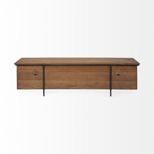 Medium Brown Solid Mango Wood Finish TV Stand Media Console With 4 Cabinets And Single Open Shelf