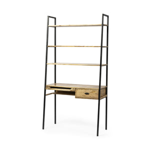 Light Brown Hardwood Finish Vertically Extended Braced Computer Desk With 3 Shelves And Sigle Drawer