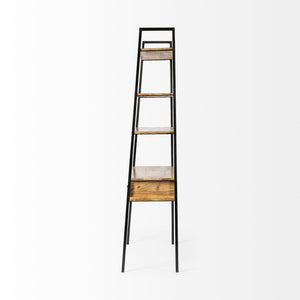 Light Brown Hardwood Finish Vertically Extended Braced Computer Desk With 3 Shelves And Sigle Drawer