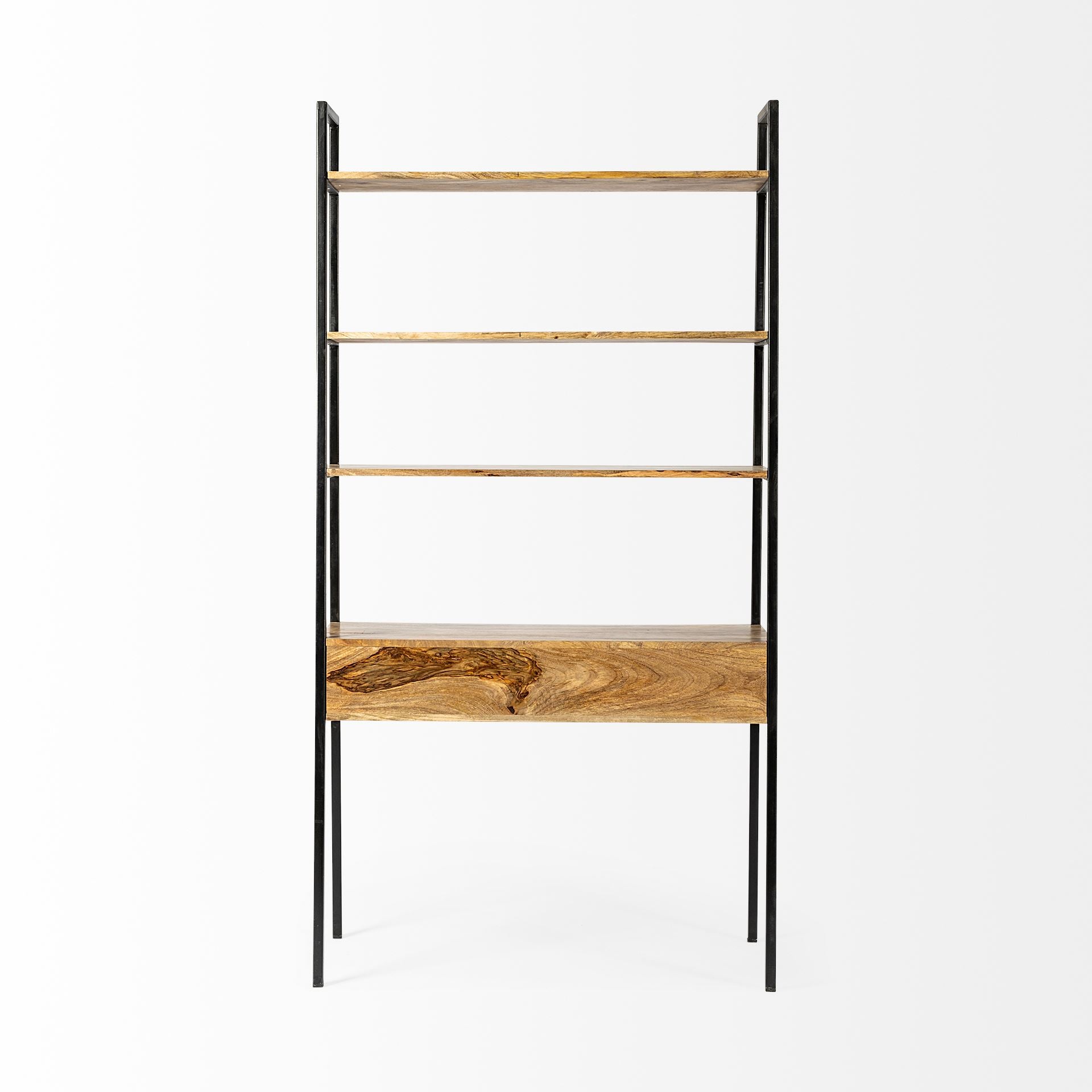 Light Brown Hardwood Finish Vertically Extended Braced Computer Desk With 3 Shelves And Sigle Drawer