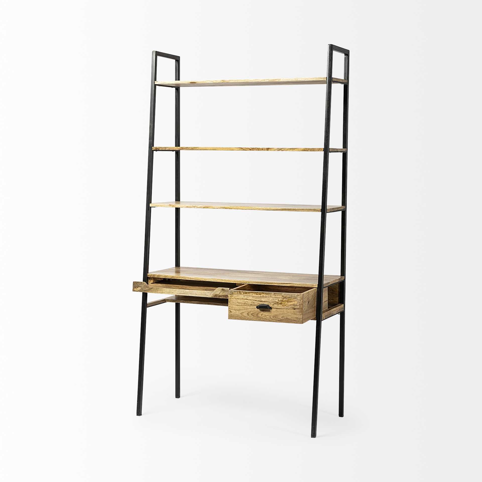 Light Brown Hardwood Finish Vertically Extended Braced Computer Desk With 3 Shelves And Sigle Drawer