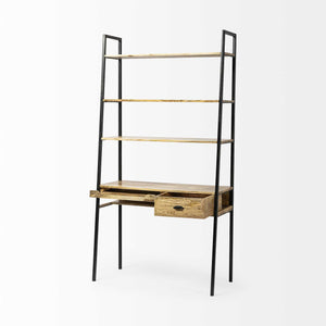 Light Brown Hardwood Finish Vertically Extended Braced Computer Desk With 3 Shelves And Sigle Drawer
