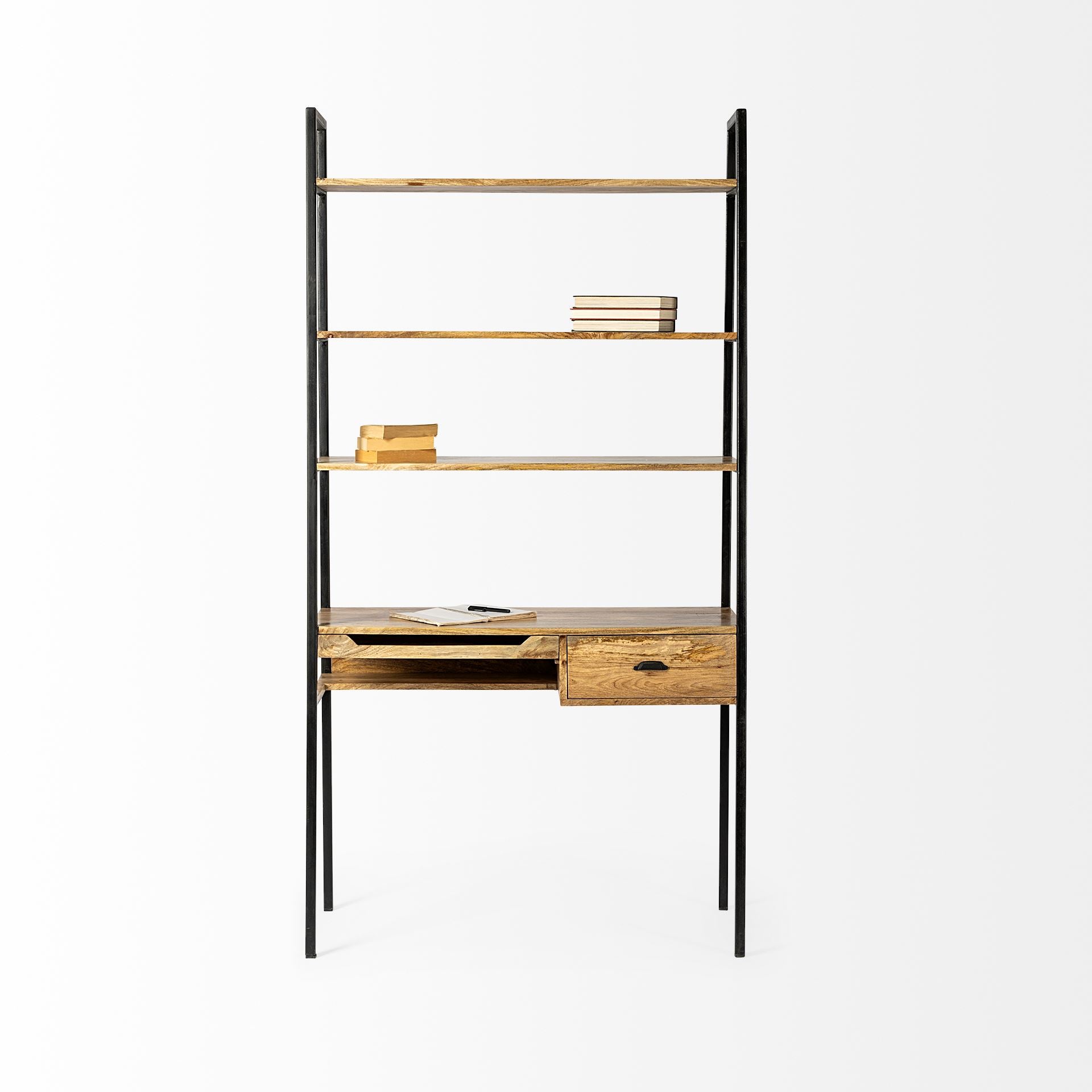 Light Brown Hardwood Finish Vertically Extended Braced Computer Desk With 3 Shelves And Sigle Drawer