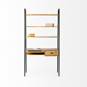 Light Brown Hardwood Finish Vertically Extended Braced Computer Desk With 3 Shelves And Sigle Drawer