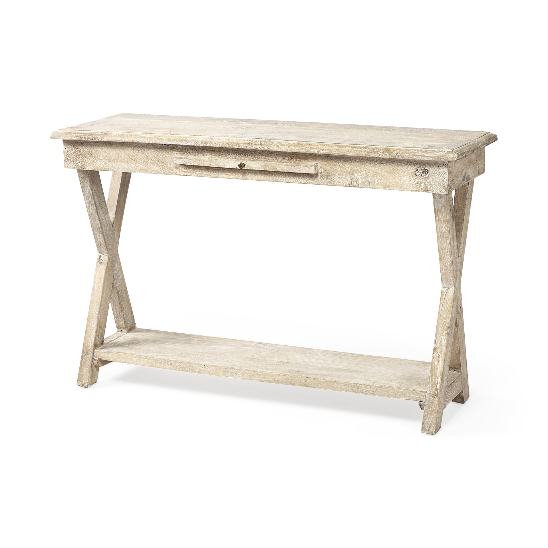 Natural Organic Wood Tone Finish Console Table With Wooden Shelf