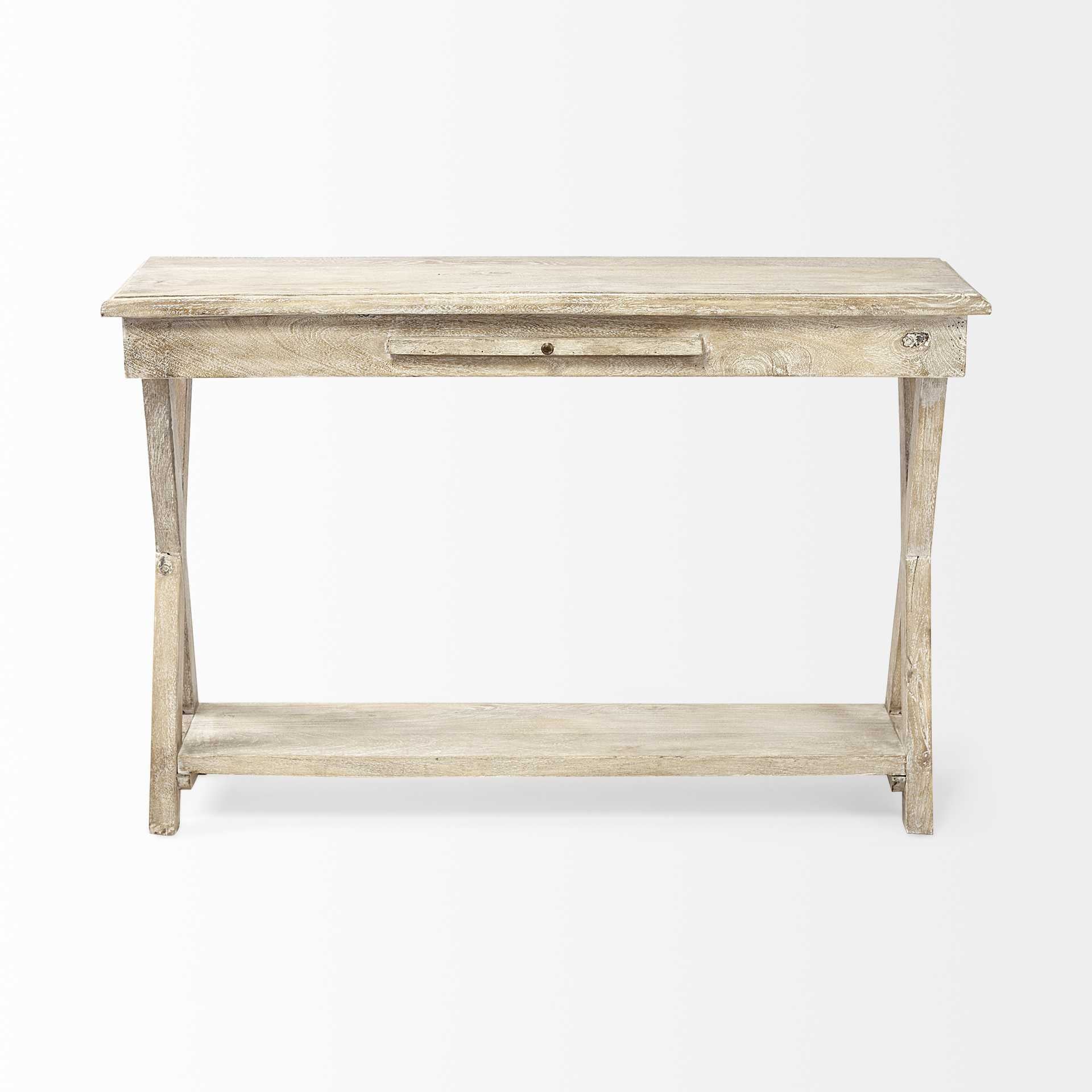 Natural Organic Wood Tone Finish Console Table With Wooden Shelf