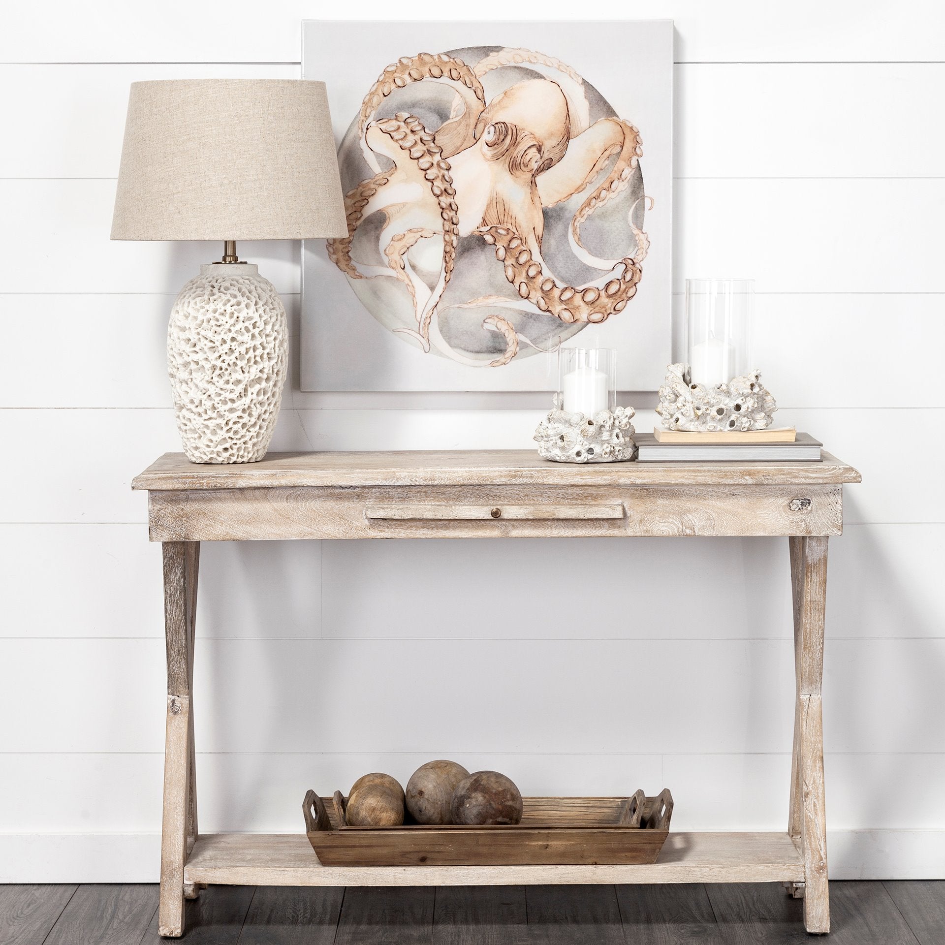 Natural Organic Wood Tone Finish Console Table With Wooden Shelf