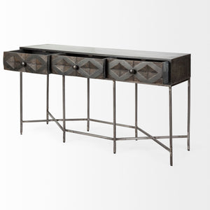 Dark Brown Mango Wood Finish Console Table With 3 Drawers