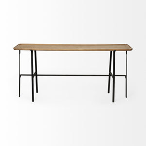 Rectangular Light Brown Raised Edge Mango Wood Finish Console Table With Black Metal Frame And Base
