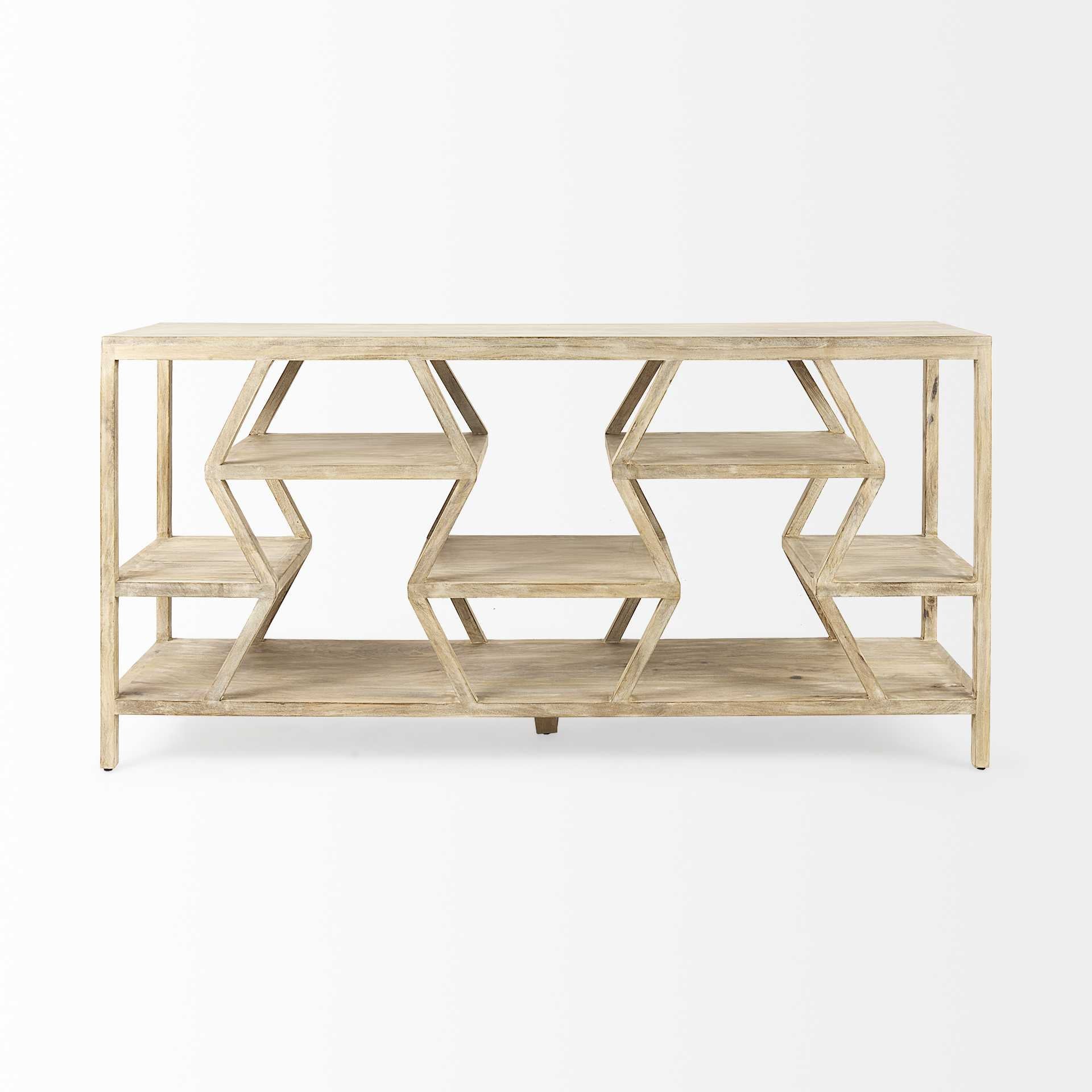 Light Brown Mango Wood Finish Console Table With Multi Level Shelf Design