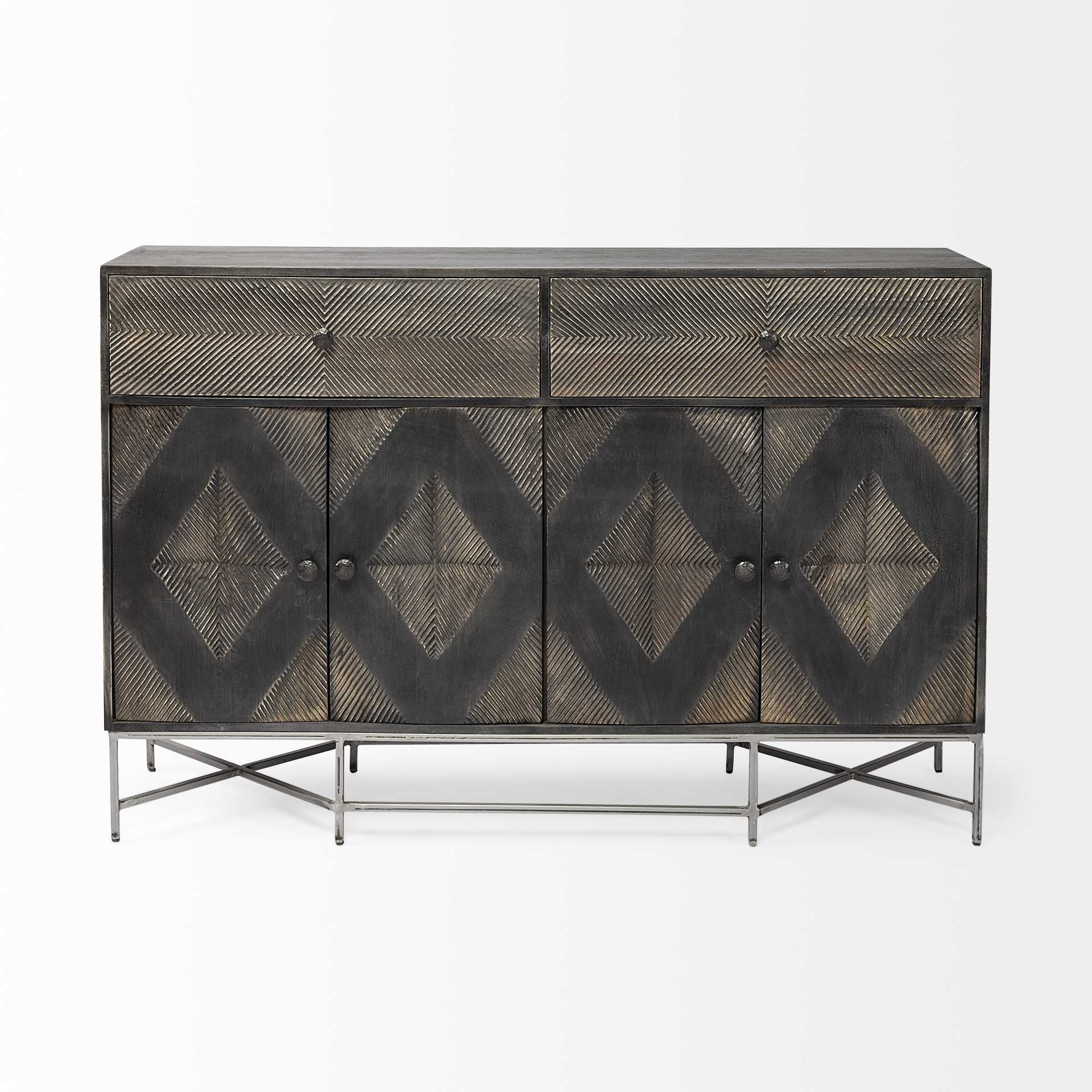 Dark Brown Mango Wood Finish Sideboard With 2 Cabinets And 2 Drawers