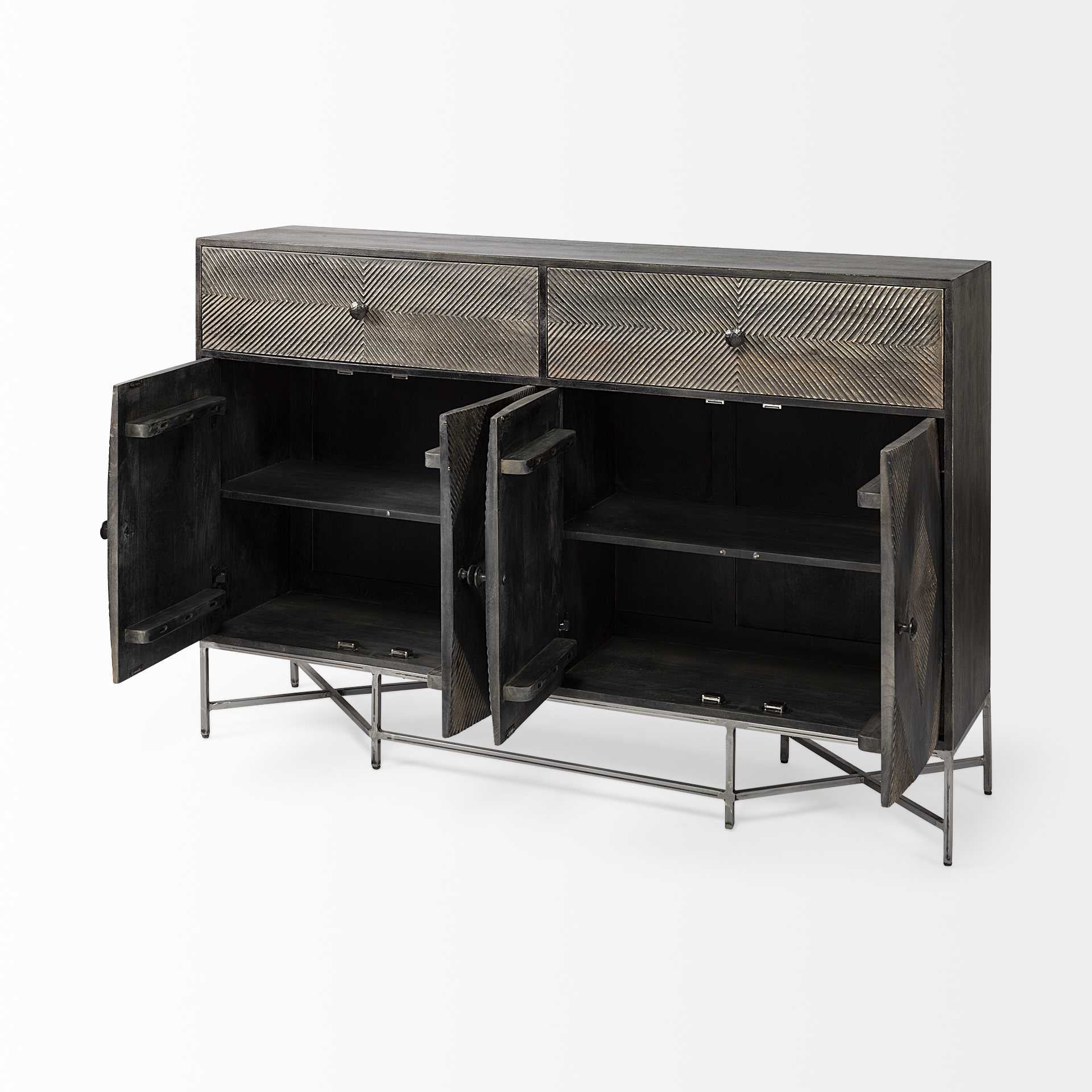 Dark Brown Mango Wood Finish Sideboard With 2 Cabinets And 2 Drawers