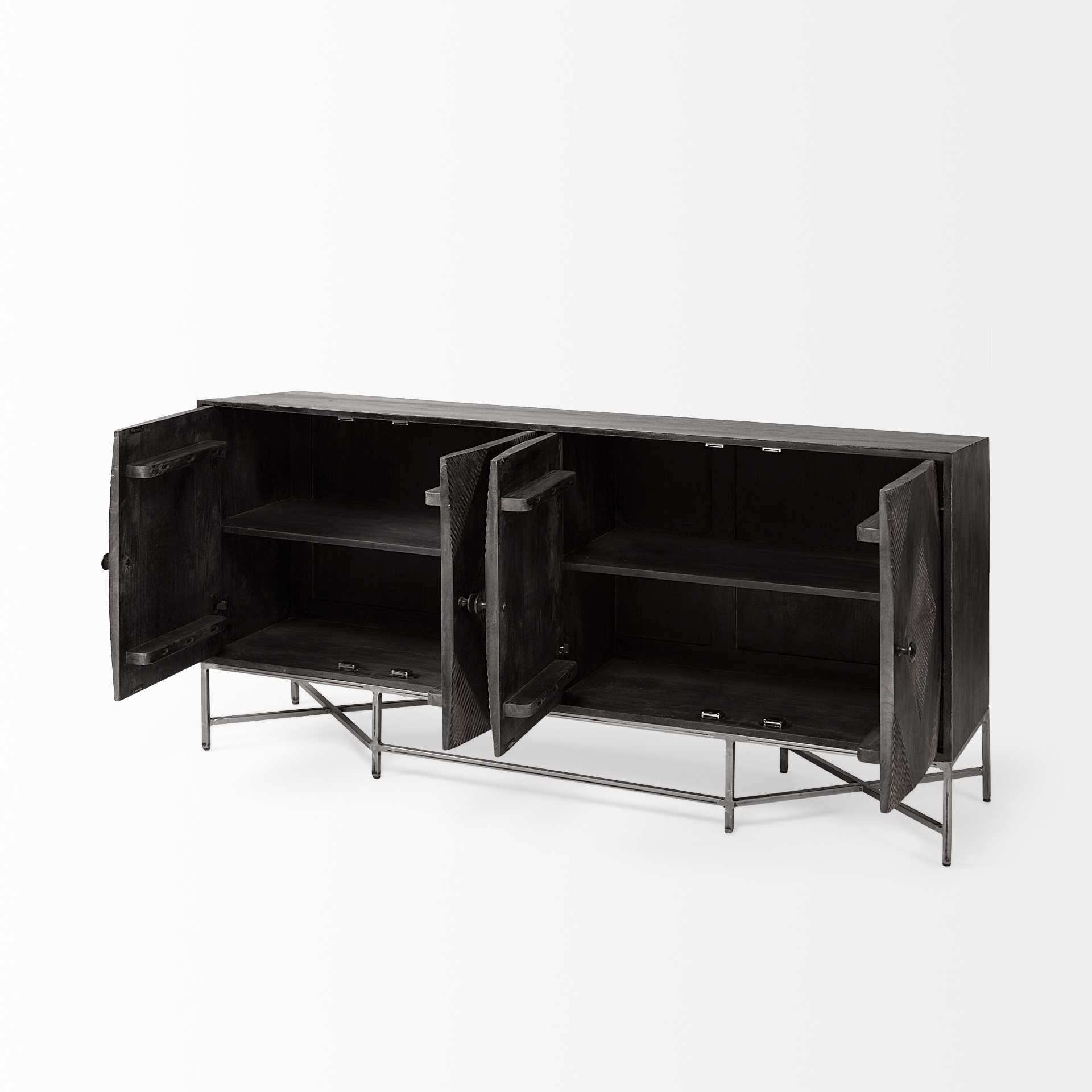 Dark Brown Solid Mango Wood Finish Sideboard With 4 Cabinet Doors