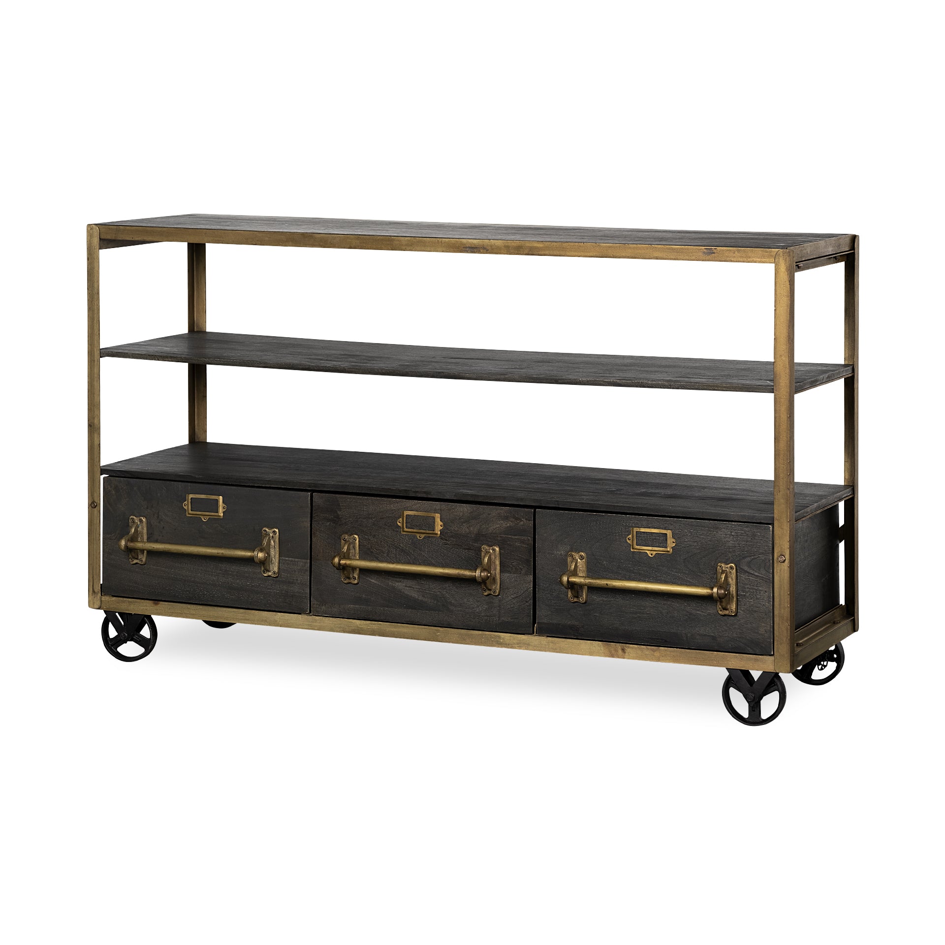 Medium Brown Mango Wood Finish TV Stand Media Console With Solid Iron Frame And 3 Storage