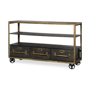 Medium Brown Mango Wood Finish TV Stand Media Console With Solid Iron Frame And 3 Storage