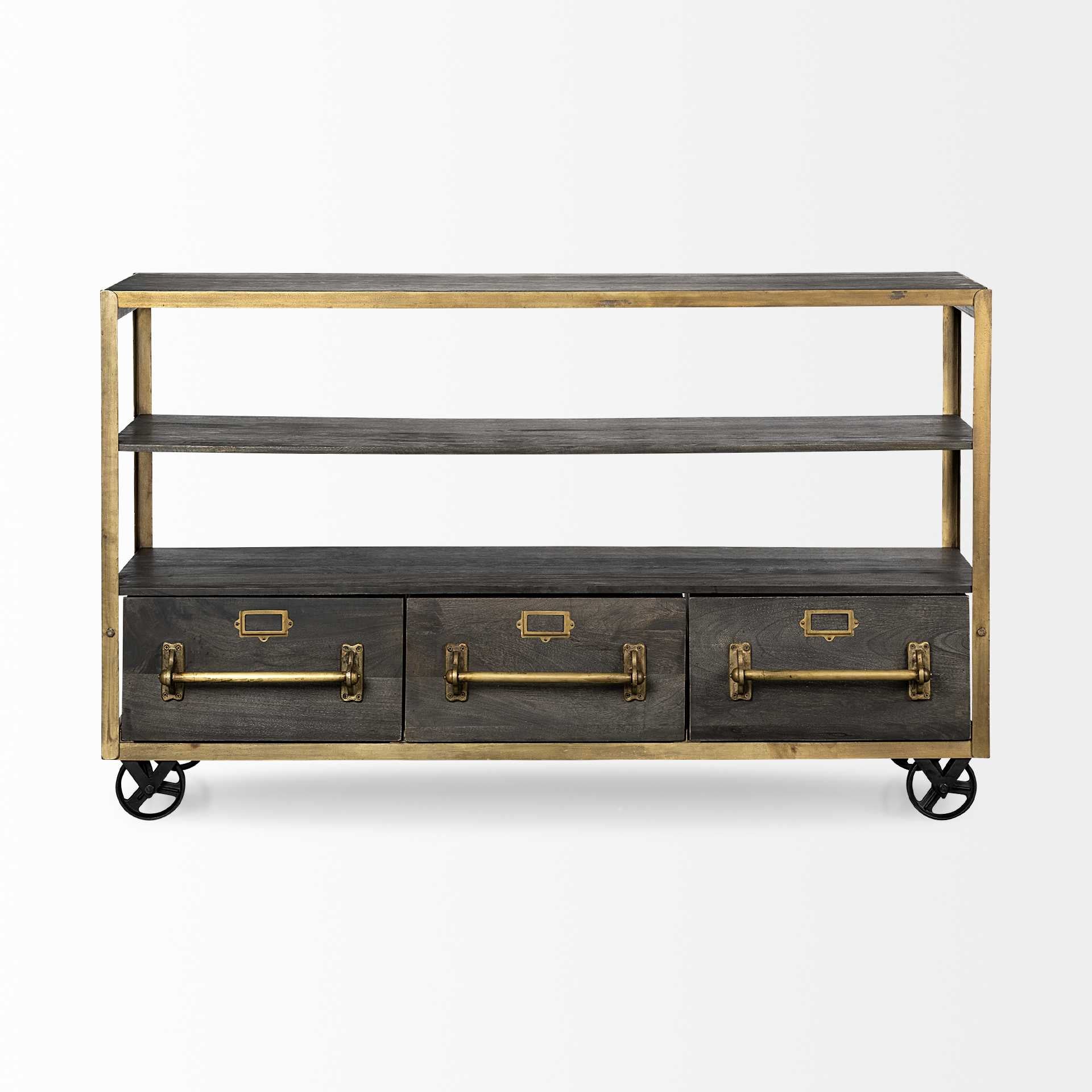 Medium Brown Mango Wood Finish TV Stand Media Console With Solid Iron Frame And 3 Storage