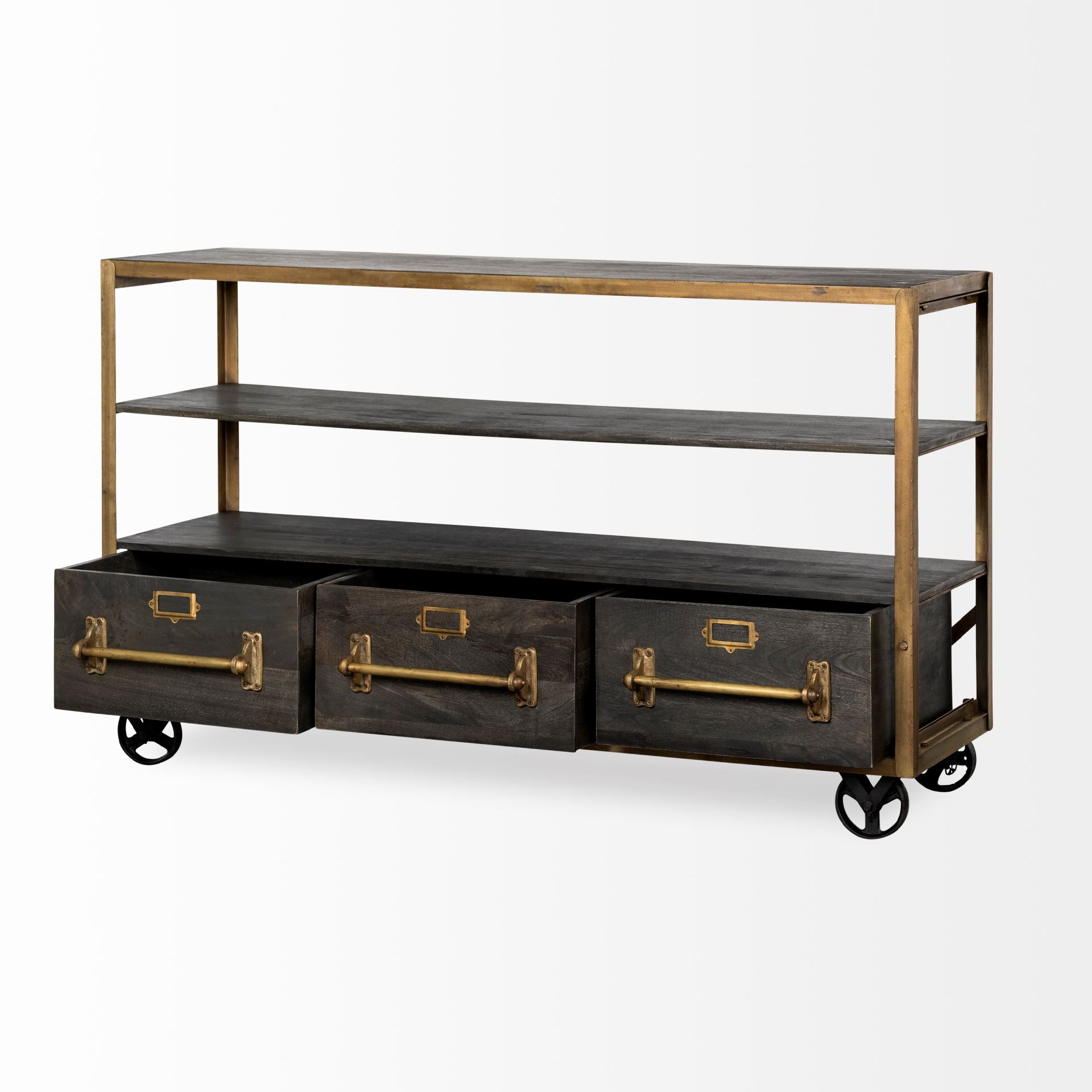 Medium Brown Mango Wood Finish TV Stand Media Console With Solid Iron Frame And 3 Storage