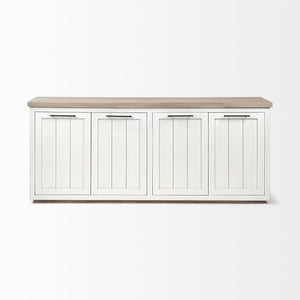 Brown Solid Mango Wood Top & White Frame Sideboard with 4 Cabinet Doors