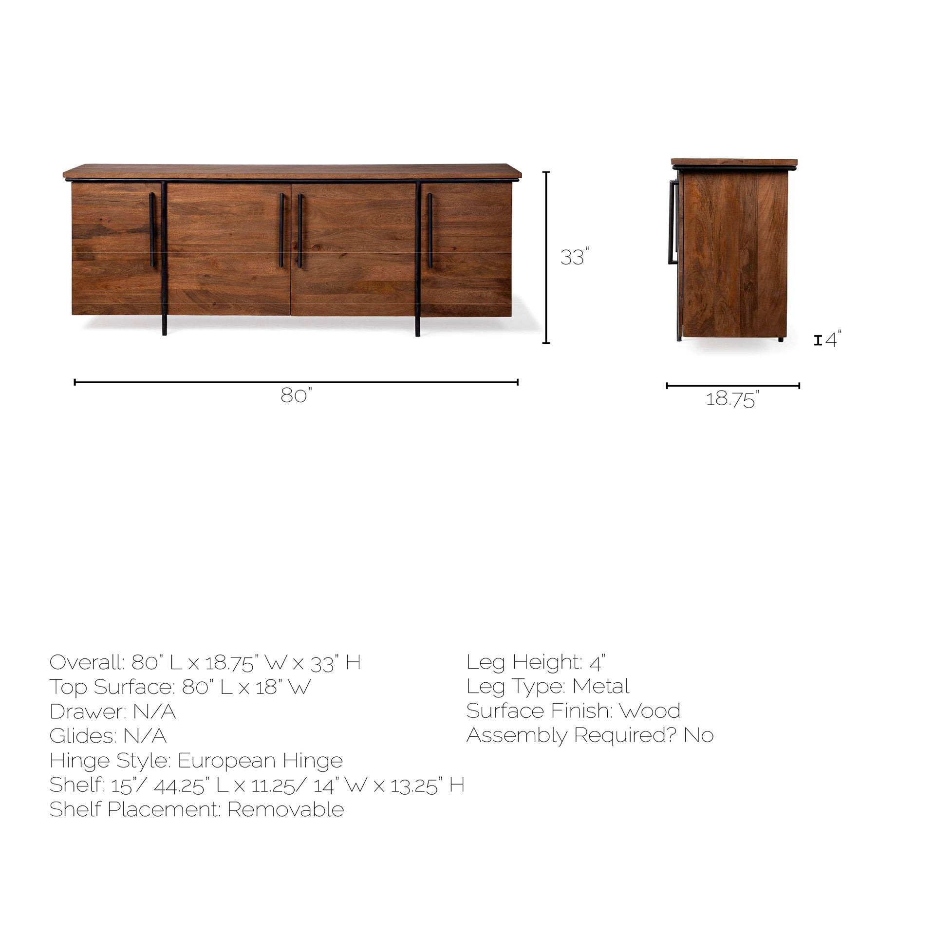 Brown Solid Mango Wood Finish Sideboard With 4 Door Cabinets