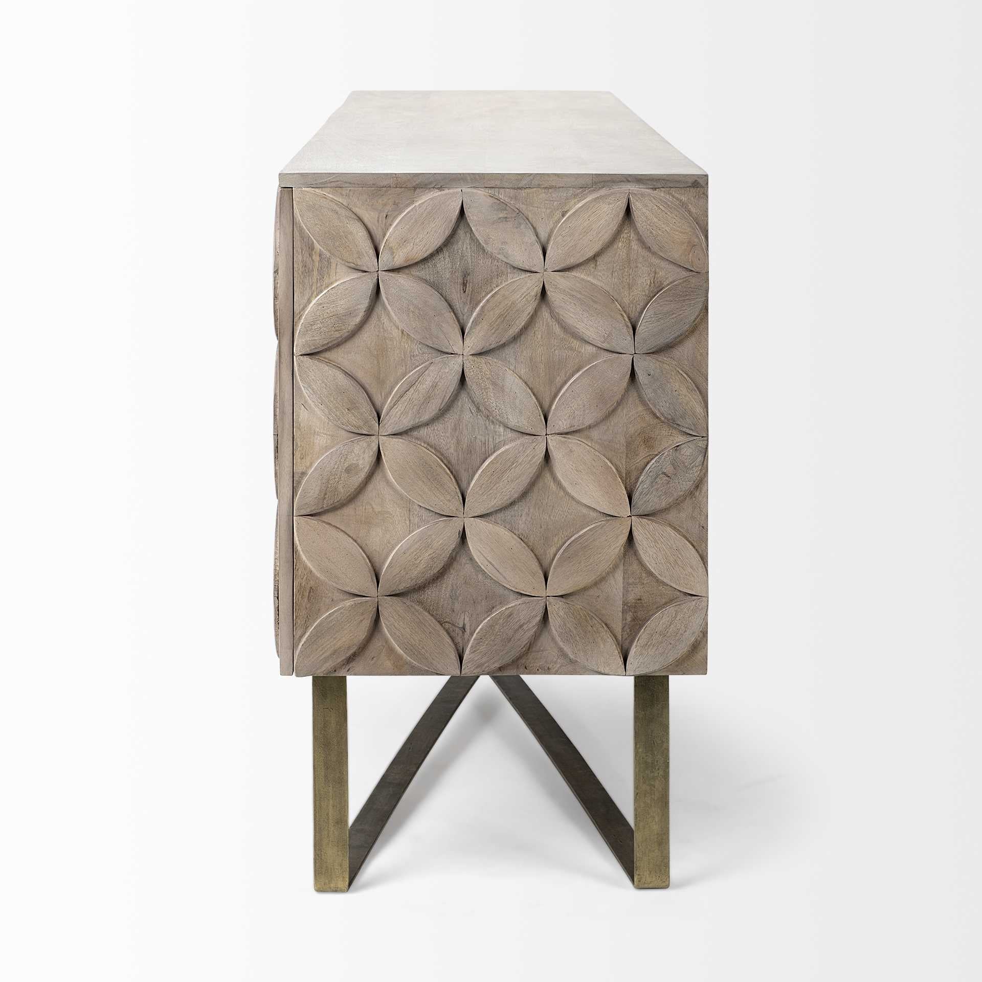 Light Brown Solid Mango Wood Finish SideBoard With 4 Cabinet Doors