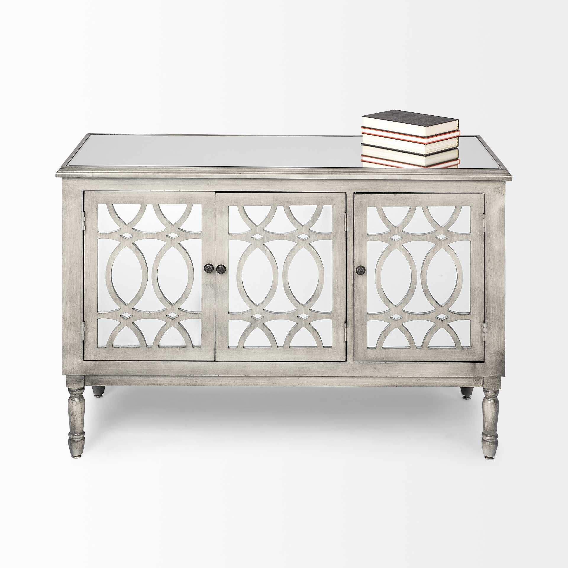 Grey Solid Wood Sideboard With 3 Mirrored Glass Lined Doors