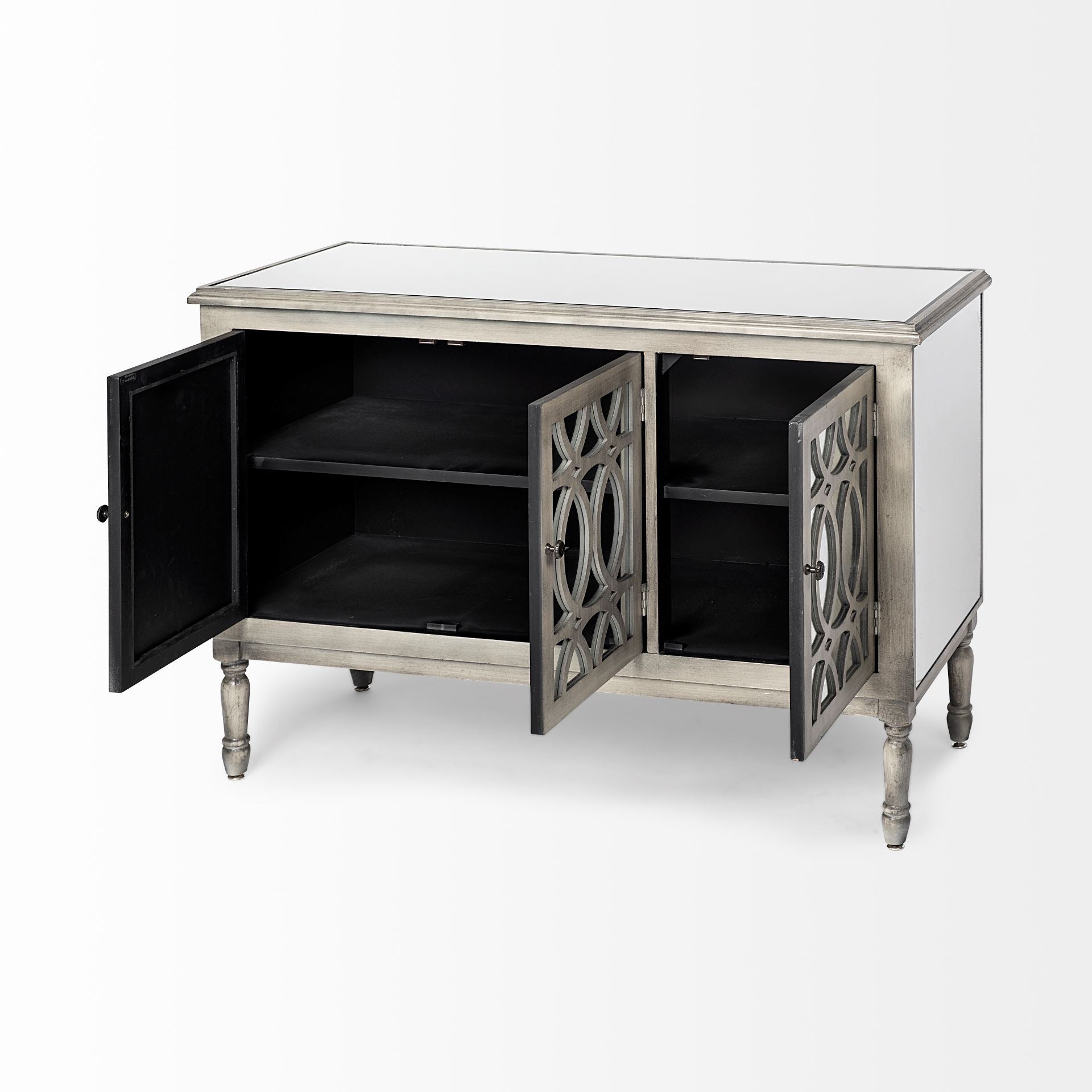 Grey Solid Wood Sideboard With 3 Mirrored Glass Lined Doors