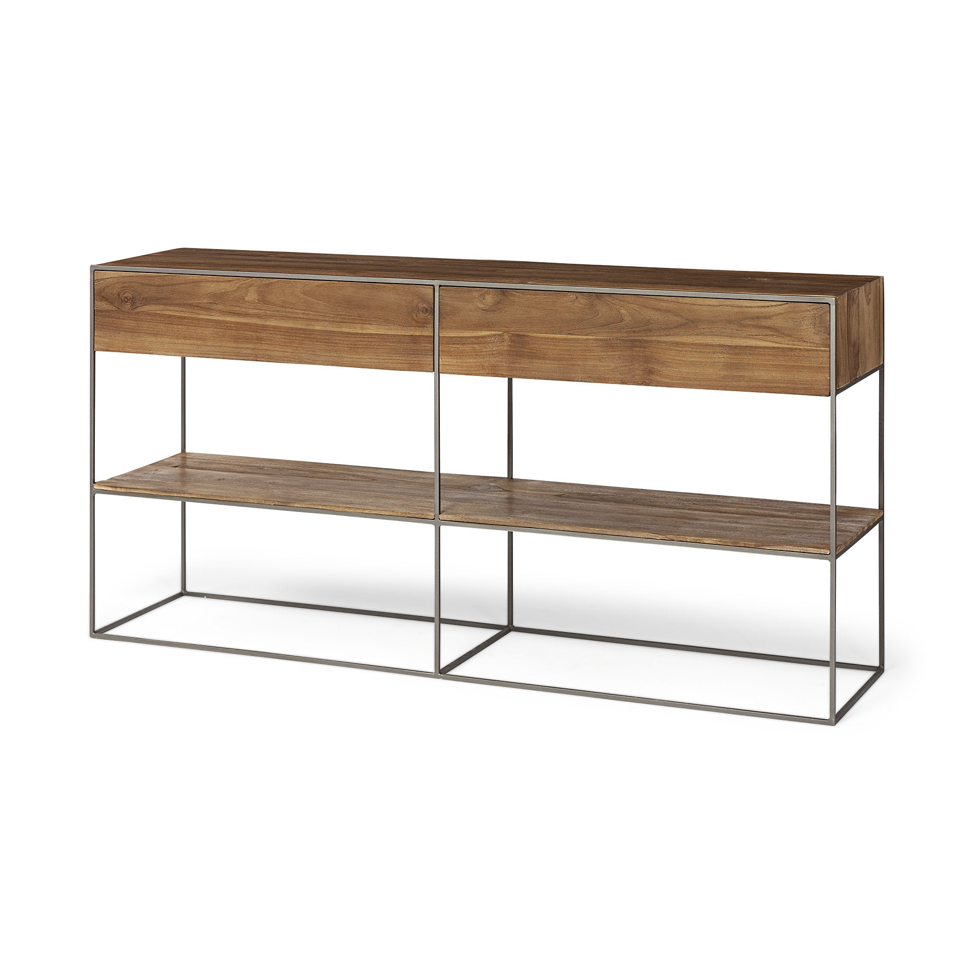 Brown Wood and Silver Metal Frame with 2 Drawer and Sideboard