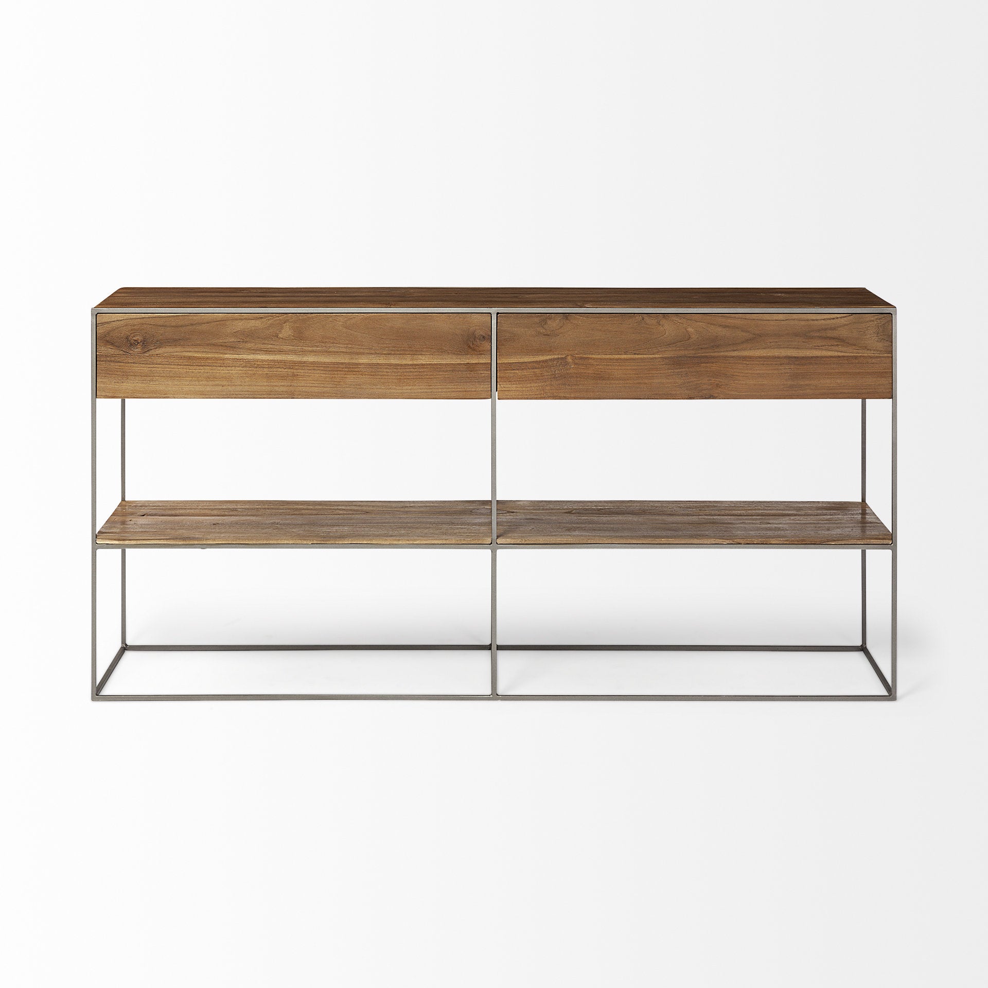 Brown Wood and Silver Metal Frame with 2 Drawer and Sideboard