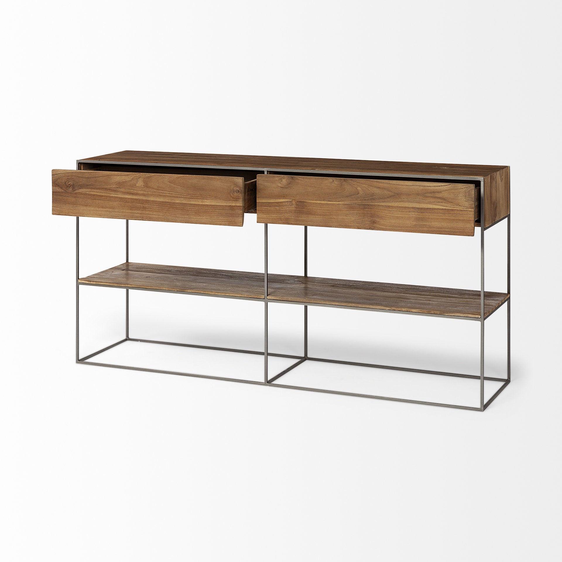 Brown Wood and Silver Metal Frame with 2 Drawer and Sideboard