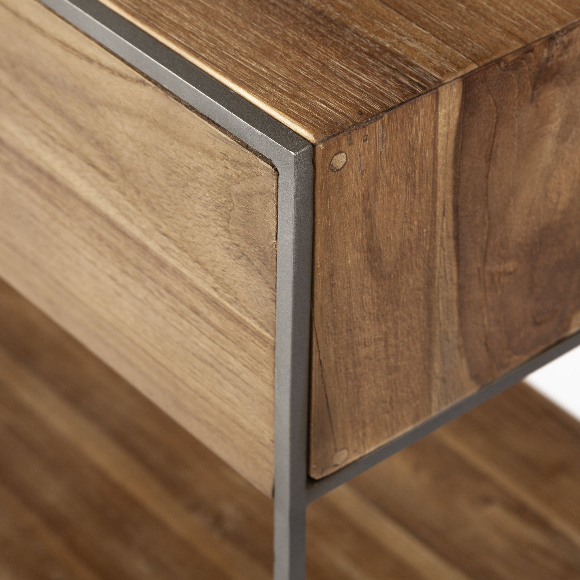 Brown Wood and Silver Metal Frame with 2 Drawer and Sideboard