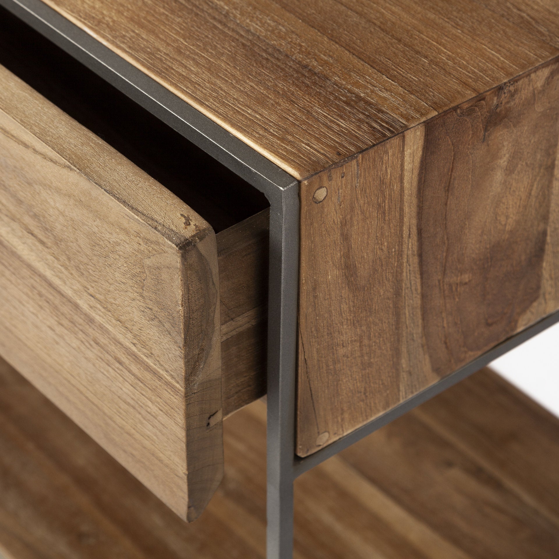 Brown Wood and Silver Metal Frame with 2 Drawer and Sideboard