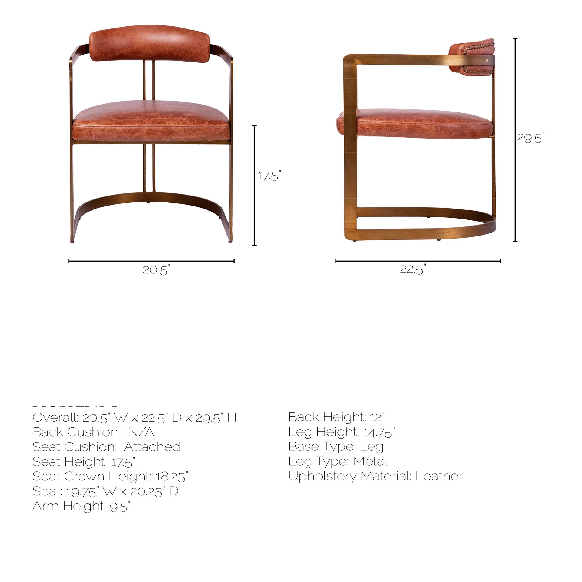 Brown Leather Seat with Gold Iron Frame Dining Chair