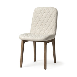 Diamond Tuffed Cream Fabric Wrap with Brown Wood Base Dining Chair