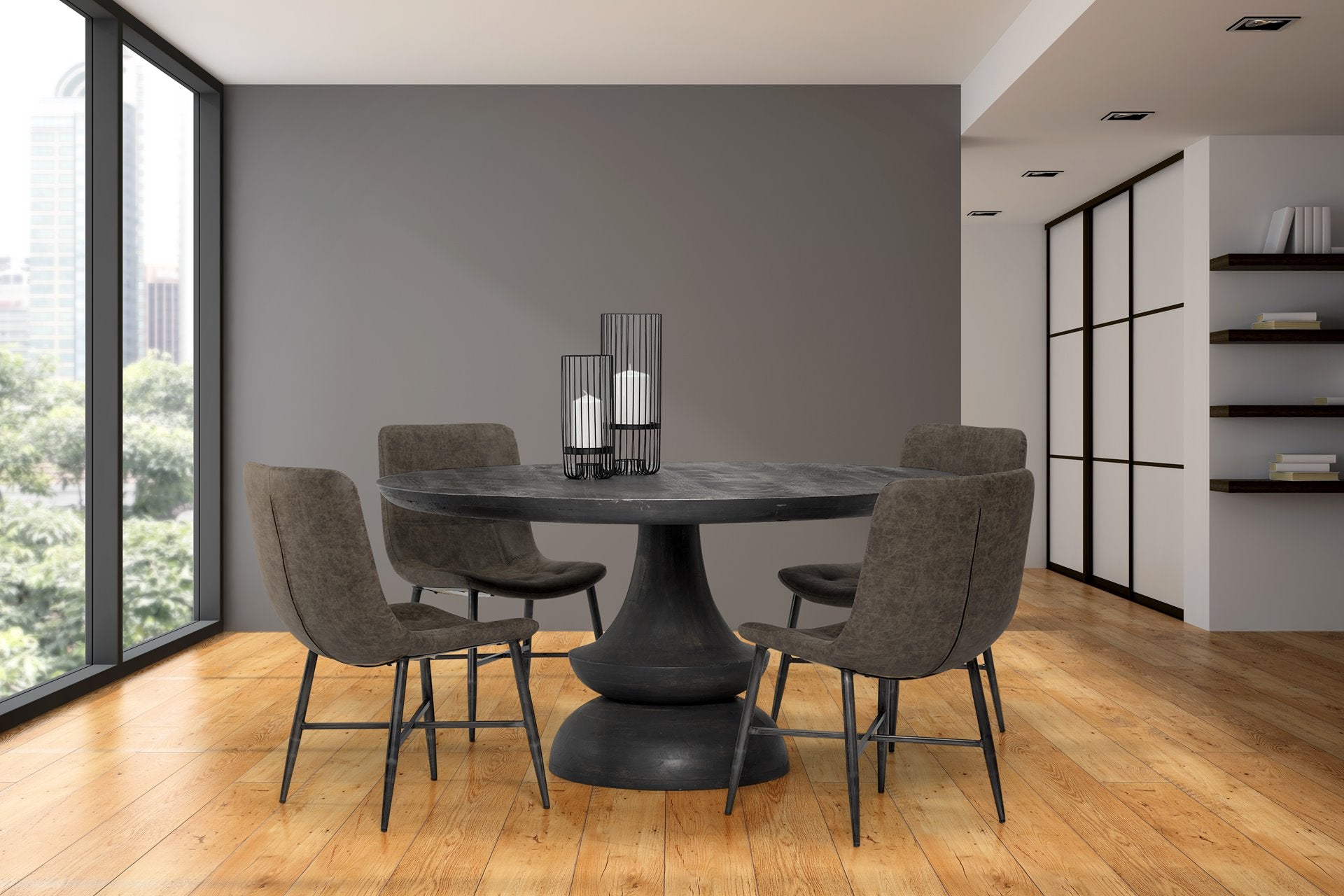 60" Round Charcoal Gray Solid Wood Table Top and Base Dining Table