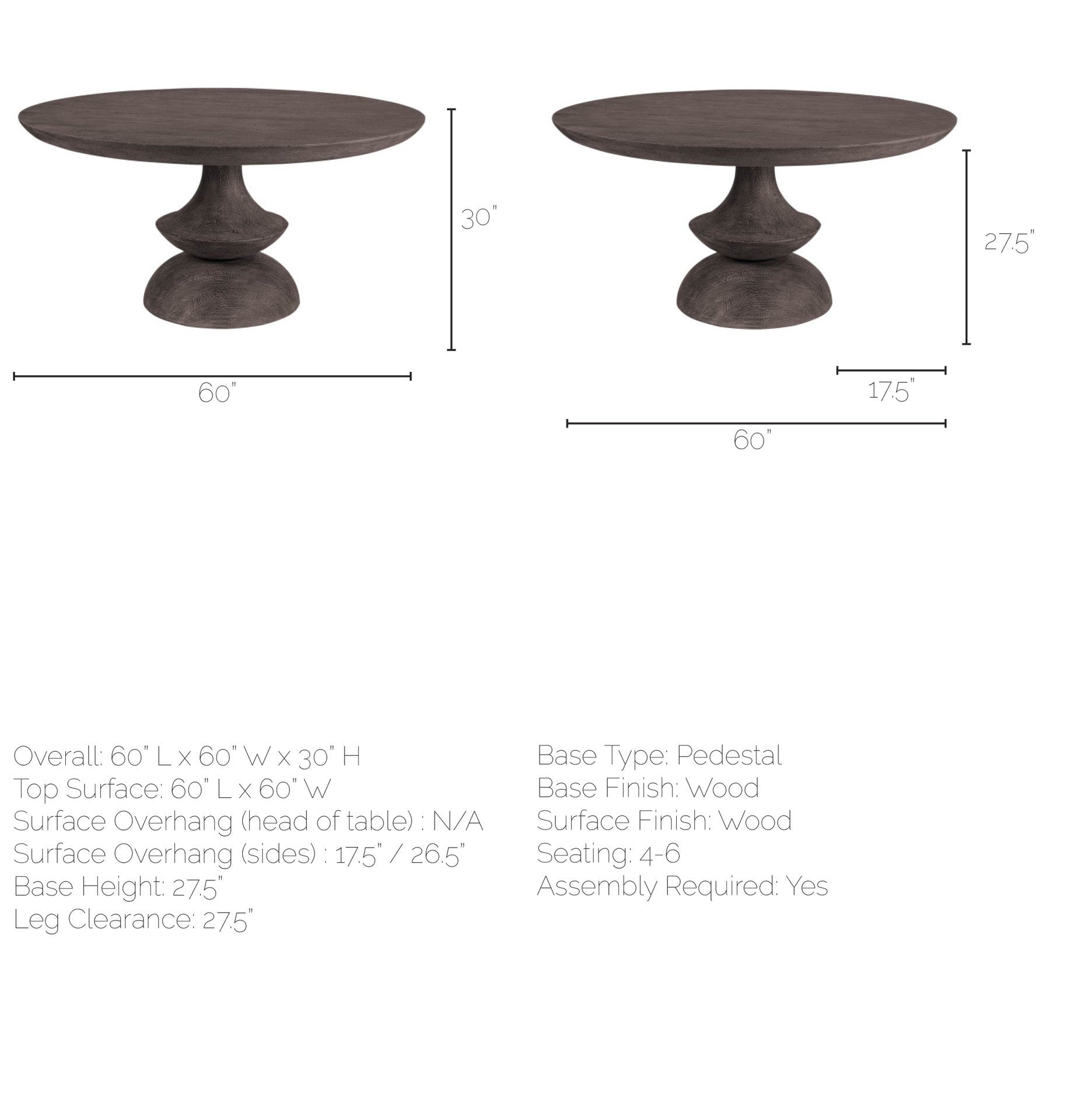 60" Round Charcoal Gray Solid Wood Table Top and Base Dining Table