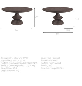 60" Round Charcoal Gray Solid Wood Table Top and Base Dining Table