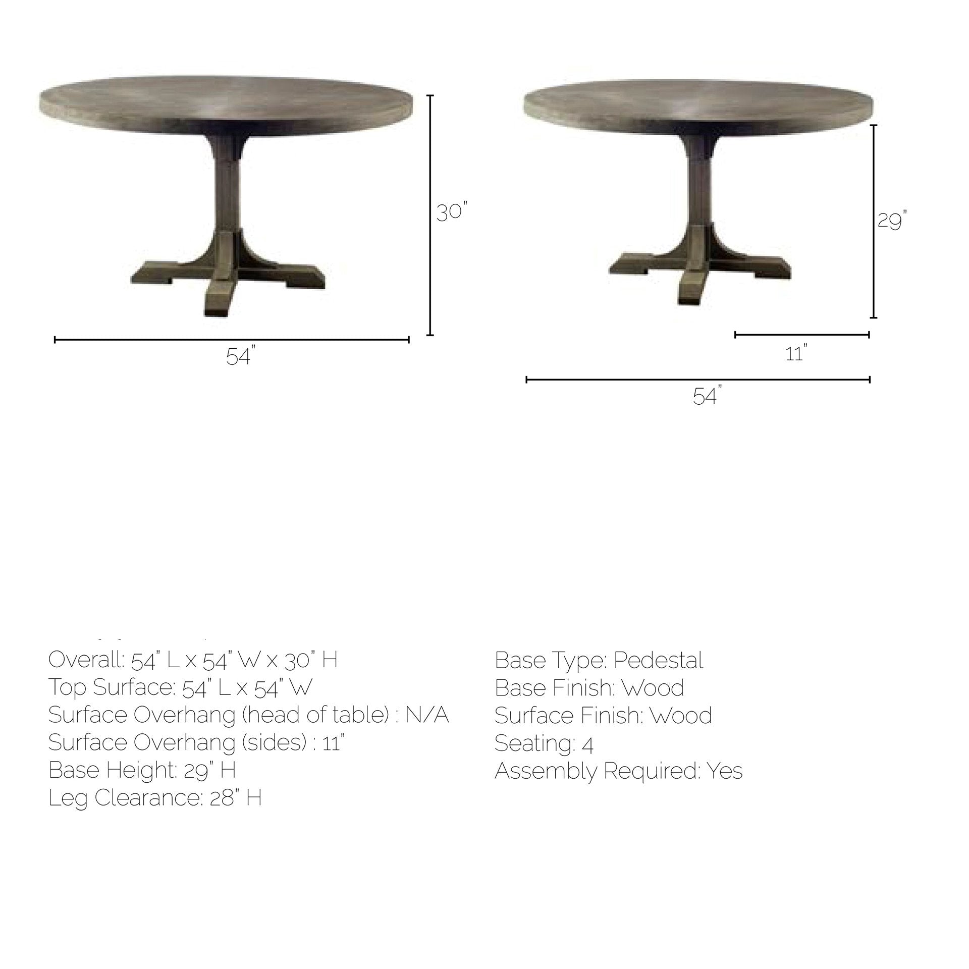 54" Circular Solid Wood Top with Pedestal Style Base Dining Table